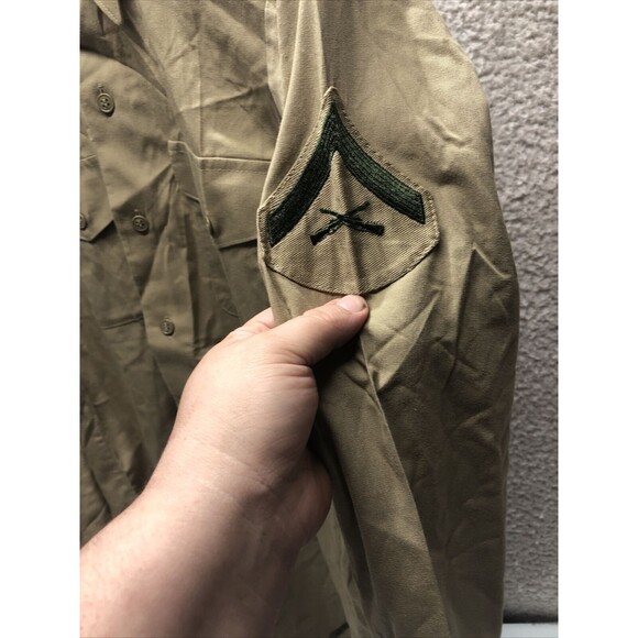 Vintage U.S. Marine Corps Shirt Mens 14.5 X 33 Brown Khaki Army Military Small - Picture 2 of 6